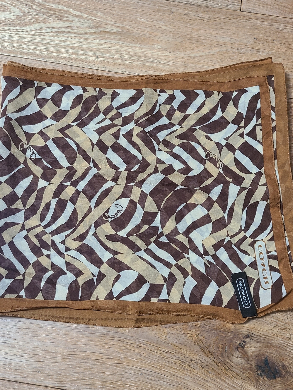 Coach Brown Tan and White Geometric Logo Silk Scarf 100% Silk